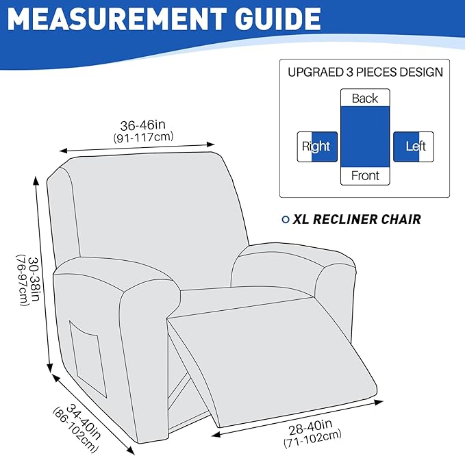 MAXIJIN Waterproof Recliner Covers for Large Recliner 3 Pieces Oversized Recliner Chair Covers, Washable Lazy Boy Reclining Slipcovers with Pockets for Pet, Kids (XL Recliner, Navy Blue)