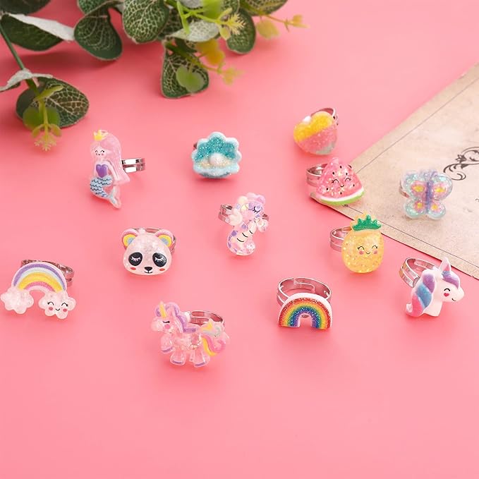 SOTOGO 24 Pieces Girls Rings and Bracelets Set Colorful Gift Party Favors Friendship Pretend Dress up Play Jewelry for Kids Children Toddler, Shiny Style