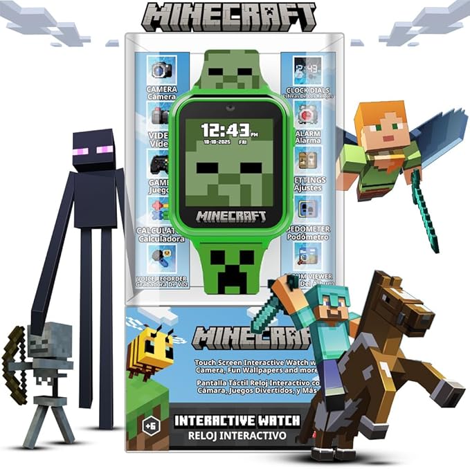 Minecraft Kids Smartwatch - Interactive LED Screen Watch with 10 Custom Watch Faces, Games, Camera, Alarm, Step Tracker & More - Fun Tech Gift for Boys and Girls - Fits Wrists 5.5'' to 8.0"