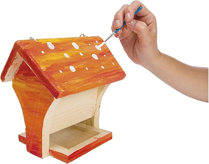 Beetle & Bee Paint a Bird Bistro - DIY Kid Art Craft Outdoor Birdhouse Kit, Bird House Painting Kit for Kids, Hardware & Glue Included- 4 Paints, 1 Brush, 7 Wooden Pcs, Age 5+