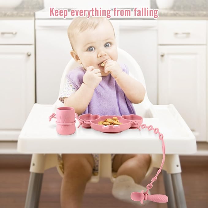 Silicone Baby Feeding Set, 8-Piece Baby Led Weaning Supplies Included Toddler Suction Plate, Bowl, Cup, 3 Spoons & 2 Safety Straps Keep Spoon, Fork & Bottle Off The Floor for Self-Feeding (Rose)