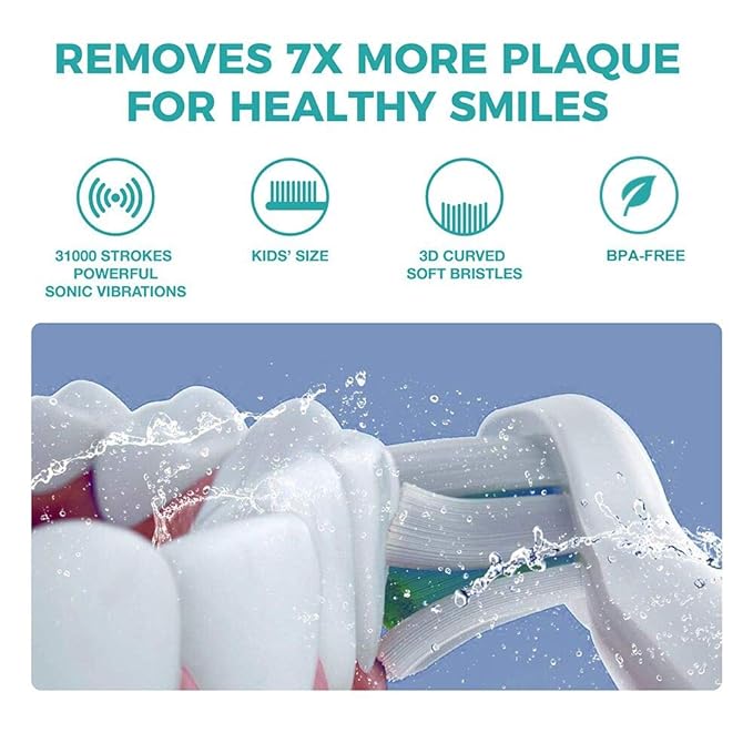 Vekkia Sonic Rechargeable Kids Electric Toothbrush, 3 Modes with Memory, Fun & Easy Cleaning, 24000 Strokes, IPX7 Waterproof, 2-Min Timer for Age 5+, 4 Soft Bristles(Blue)