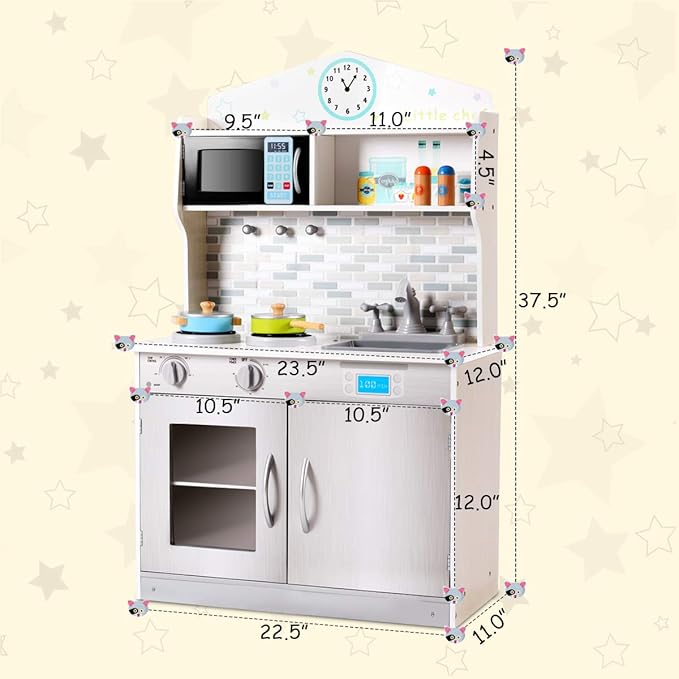 Costzon Kids Kitchen Playset, Wooden Pretend Chef Cooking Toy Kitchen with Realistic Sound, Microwave, Sink, Cookware Accessories, Play Kitchen for Toddlers, Boys, Girls, Gift for Ages 3+