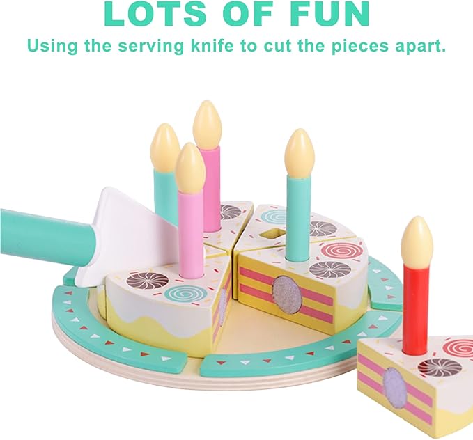 Birthday Cake Cutting Toys, Wooden Play Food Set for Kids Toddlers, Pretend Play Kitchen Toys for Boys Girls