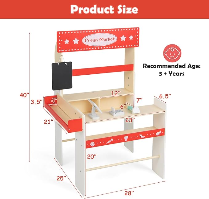 INFANS Grocery Store Marketplace Toy, Wooden Market Stand Pretend Play Set with Chalkboard Cash Register 36 Fruit Veggies Pieces POS Machine Shop Playset Gift for Boys Girls Ages 3+