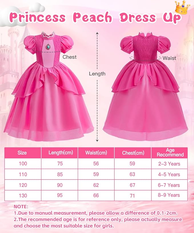 TOLOYE Princess Peach Costume for Girls,Princess Peach Dress with Accessories for Birthday Party Cosplay Halloween Christmas