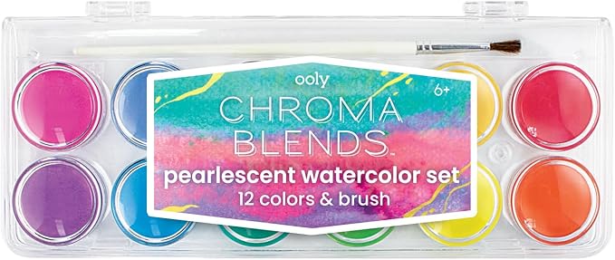 Ooly Chroma Blends Pearlescent Watercolor Set, 12 Colors, Watercolor Pack for Creative Kids and Adults, Vibrant Colors in a Portable Case, Art Supplies for Ages 6 and Up, Brush Included