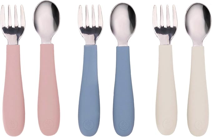 WeeSprout Toddler Utensils, 3 Forks & 3 Spoons, 18/8 Stainless Steel & Food Grade Silicone, Thick Easy-Grip Handles, Perfect Length For New Self Feeders, Gentle On Gums & Teeth, Dishwasher Safe