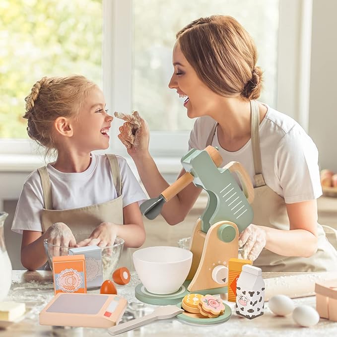 Play Kitchen Accessories, Pretend Play Food Sets for Kids Kitchen, Wooden Toy Mixer Set, Blender Bake Cookies Playset Cooking Kitchen Accessories Toys for Boys Girls Ages 3+