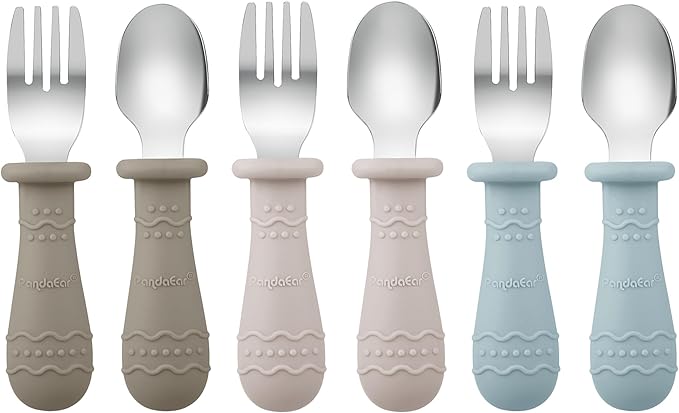 PandaEar Toddler Utensils, 6 Pack Kids Spoons and Forks, 18/8 Stainless Steel & Food Grade Silicone Children Silverware Set, Dishwasher Safe (Light Tan/Walnut/Blue)