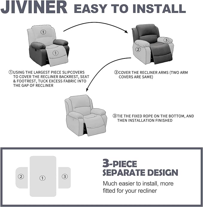 JIVINER Oversized Recliner Chair Covers, 3 Piece Slipcovers for Large Recliner Chair Soft Jacquard Reclining Chair Protector Slipcovers for Dogs,Cats (X-Large, Navy Blue)