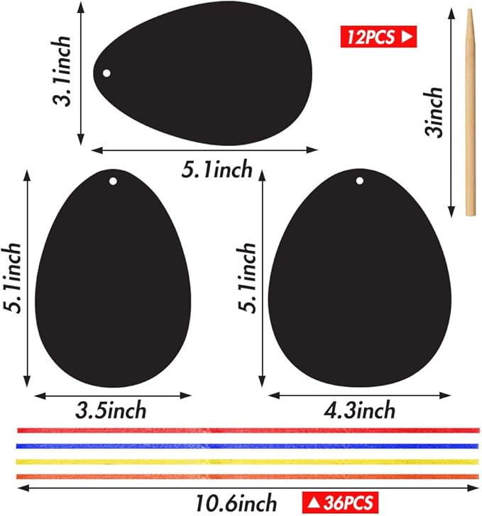 Koogel Easter Egg Scratch Art Set, 36 PCS Rainbow Scratch Art Mini Notes with Colorful Ribbon and Wooden Stick Crafts for Kids Party Favor Easter Decor Tree Decor