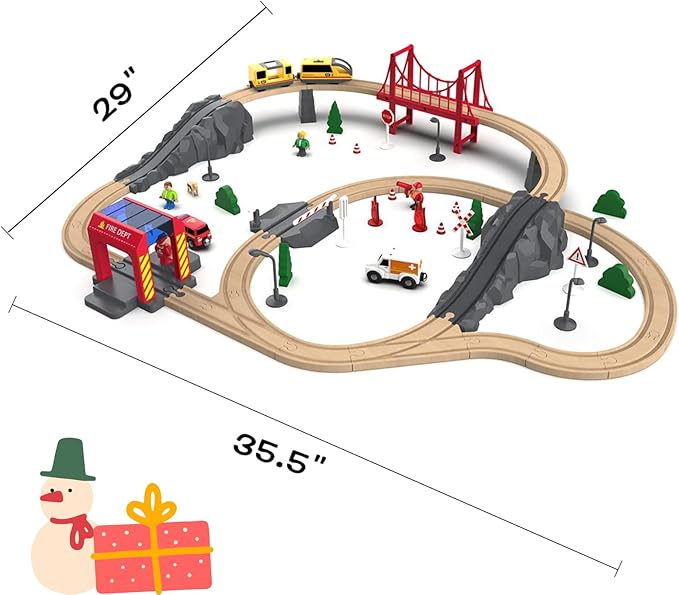 Giant bean 72PCS Fire Station Wooden Train Tracks & Train Set, Gift Packed Toy Railway Kits for Kids, Toddler Boys and Girls 3,4,5 Years Old and Up, Christmas Birthday Gift Toy for Kids