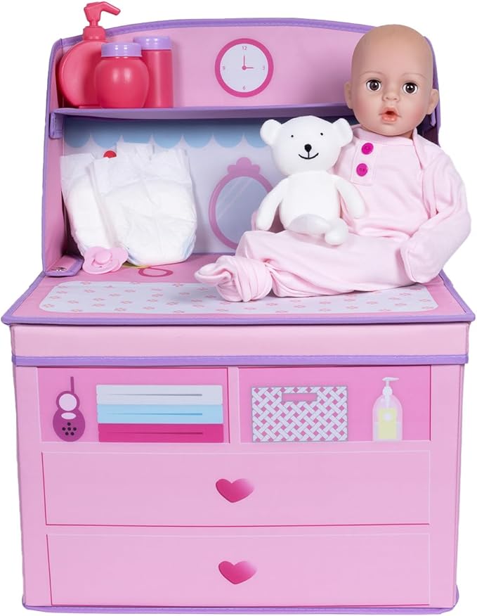 ADORA Realistic Perfectly Pink Baby Doll Set with Changing Table and 10-Piece Accessories, Includes Storage Box, Diapers, and Pacifier, Gift for Ages 3 and Up
