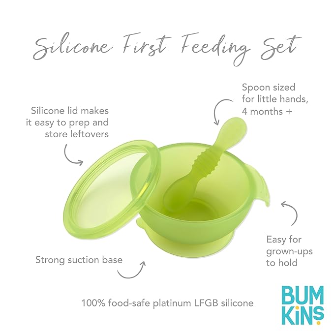 Bumkins Baby Bowl, Silicone Feeding Set with Suction for Baby and Toddler, Includes Spoon and Lid, First Feeding Set, Training Essentials for Baby Led Weaning for Babies 4 Months Up, Green Jelly