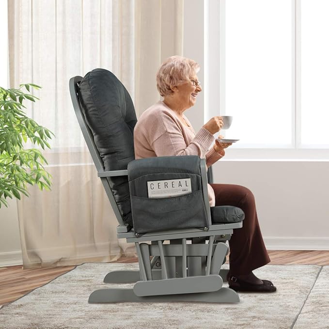 Costzon Nursery Glider with Ottoman, Upholstered Comfort Glider Rocker with Padded Cushion, Storage Pocket, Solid Wood Base, Rocking Chair Nursery for Breastfeeding, Maternity, Napping (Dark Gray)