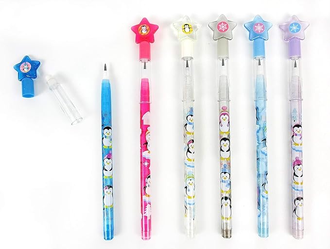TINYMILLS Penguins Birthday Party Favor Set (12 multi-point pencils, 12 stampers, 12 sticker sheets, 12 small spiral notepads) Winter Party Favors for Classrooms