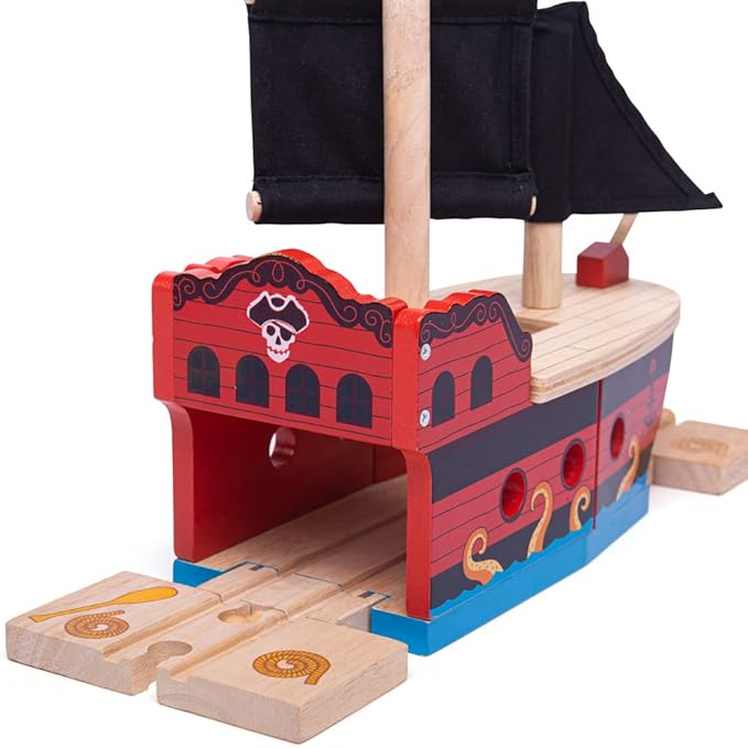 Bigjigs Rail Wooden Pirate Ship Galleon - Pirate Accessories for Wooden Train Sets, Bigjigs Train Accessories, Pirate Ship Toys for Kids, Wooden Toys for 3 4 5 Year Olds