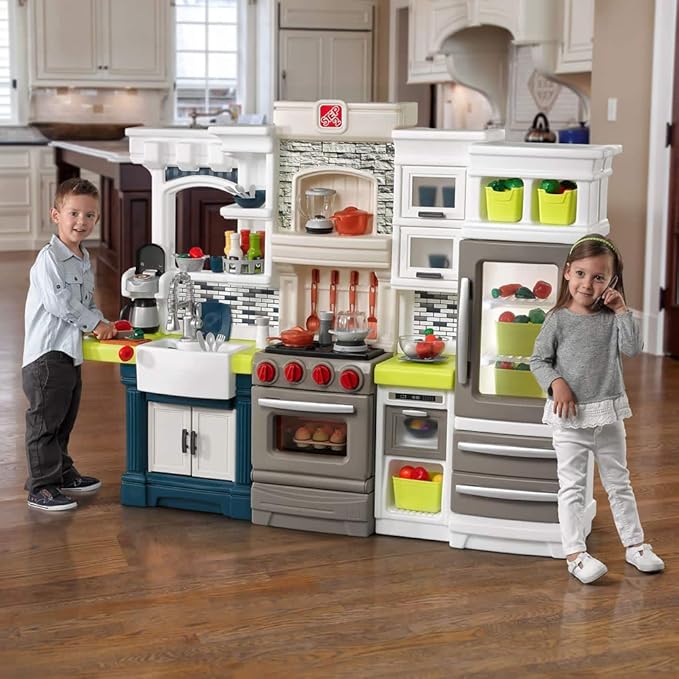 Step2 Elegant Edge Kids Kitchen Playset, Indoor/Outdoor Kitchenette, Interactive Play with Lights and Sounds, Made of Durable Plastic, Includes 78 Piece Toy Accessories, For Toddlers 3+ Years Old