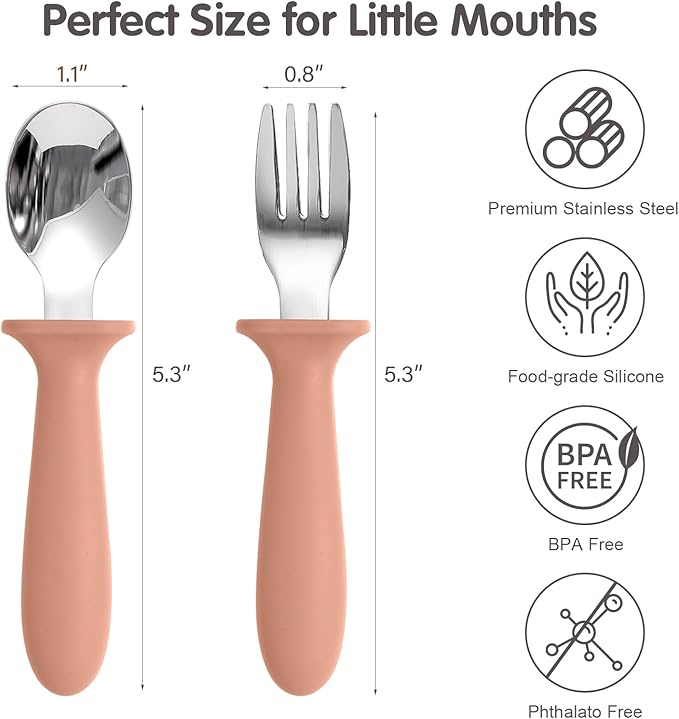 Toddler Spoons and Forks Set, 6 Pack Kids Silverware with Silicone Handle, BPA Free, 18/8 Stainless Steel Children Safe Toddler Utensils, Dishwasher Safe
