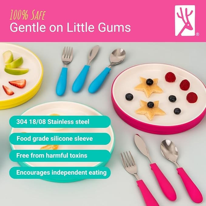 Elk and Friends Kids Silverware with Silicone Handle | Childrens Safe Flatware | Kids Utensils | Spoon + Fork + Knife set | 4 years+ | 6 Pieces