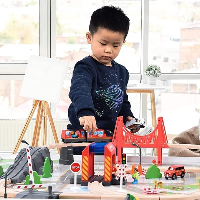 Battery Operated Wooden Train Track Set Toy High Speed for Toddlers 3 4 5 Years Old Boys Kids Magnetic Couplings City Vehicle with Figures