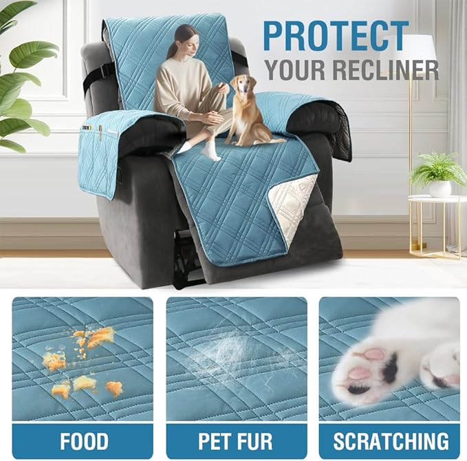 H.VERSAILTEX 100% Waterproof Small Recliner Chairs for Adults Lazy Boy Recliner Chair Covers Furniture Protector with Elastic Straps for Pets Kids Sitting Width Up to 23" (Recliner, Smoke Blue/Beige)