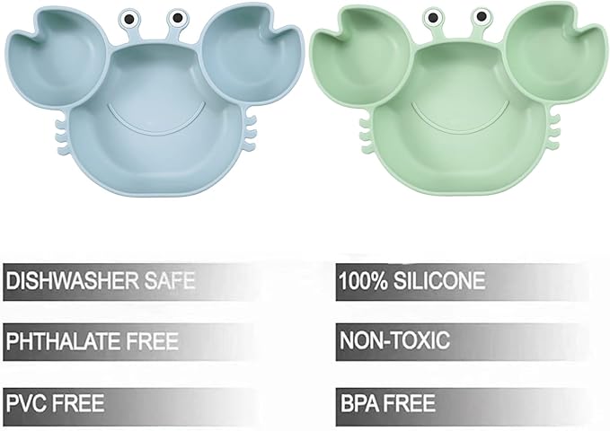 PandaEar 2 Pack Silicone Suction Plate for Baby, Divided Unbreakable Toddler Food Plate with 2 Pack Spoons for Self Feeding, Toddler Utensils Feeding Set Baby Eating Supplies, Crab Shape -Blue&Green