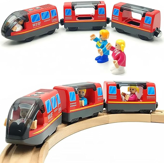Battery Operated Wooden Train Track Set Toy High Speed for Toddlers 3 4 5 Years Old Boys Kids Magnetic Couplings City Vehicle with Figures
