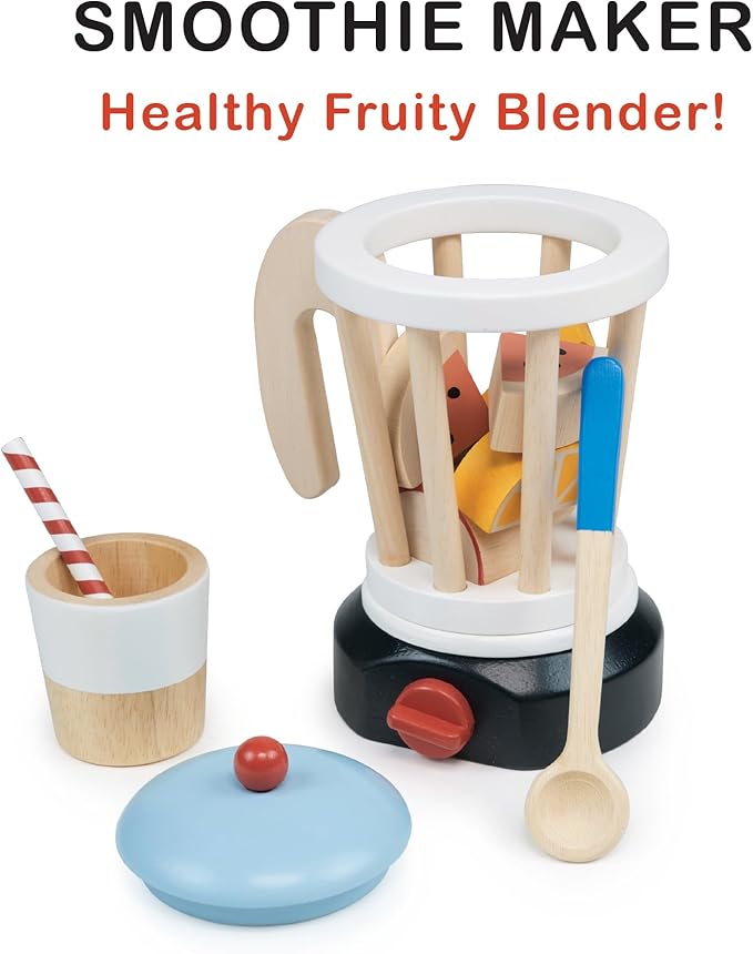 Mentari Toys - Smoothie Maker - 12pc Wooden Blender Play Set with Fruit, Cup, Straw & Spoon - Pretend Play Kitchen Toy for Toddlers - Encourages Creativity, Fine Motor Skills & Healthy Eating - Age 3+