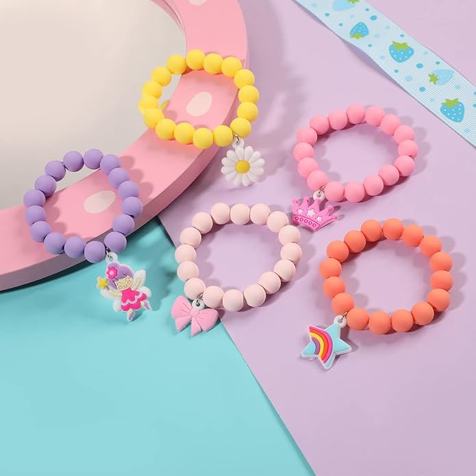 PinkSheep Unicorn Beads Pendant Bracelet for Kid Girl, 6PC, Rainbow Monster Sun Flower Heart Meteor Charm Friendship Bracelet Good Friend Gift