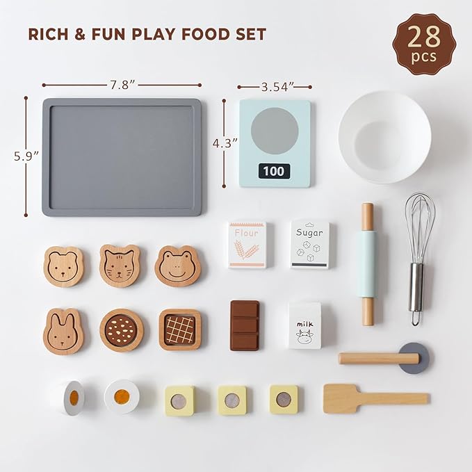 PairPear Wooden Toy Cookies and Baking Set,Kids 28 Pieces Play Food Toy Kitchen Playset,Pretend Play Kitchen Accessories Gift for Boys and Girls 3 Years and up