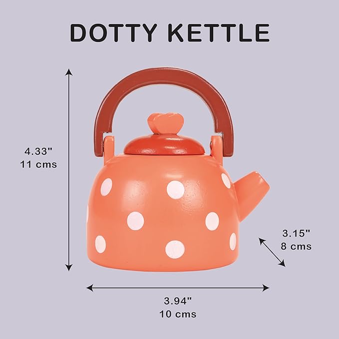 Mentari Toys - Dotty Kettle - Polka Dot Wooden Pretend Play Kitchen Accessory with Removeable Lid - Imaginative Teatime Fun for Toddlers - Encourage Role Play and Develop Social Skills - Age 3+