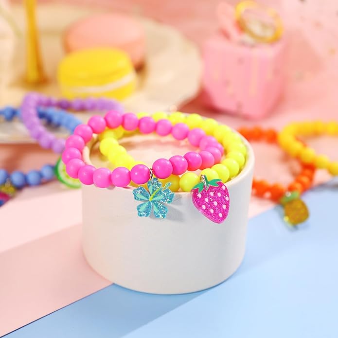PinkSheep Unicorn Beads Pendant Bracelet for Kid Girl, 6PC, Rainbow Monster Sun Flower Heart Meteor Charm Friendship Bracelet Good Friend Gift