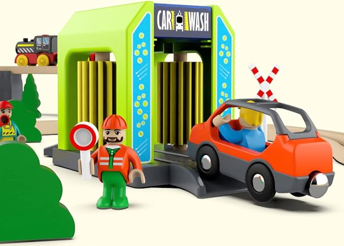 Wooden Train Accessories Car Washer for Railroad Train Track, Train Toys Accessory Compatible with All Major Brands of Train Set System, Railway Tracks Station for Kids Ages 3 and Up.