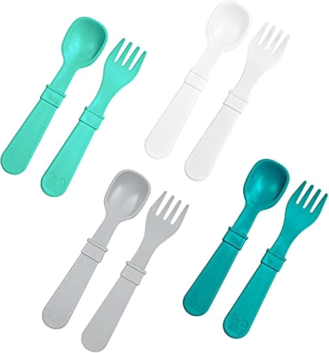 Re-Play Made in USA Toddler Forks and Spoons, Pack of 8 Without Carrying Case - 4 Kids Forks with Rounded Tips and 4 Deep Scoop Toddler Spoons - 0.2" Thick Toddler Utensils, Modern Mint
