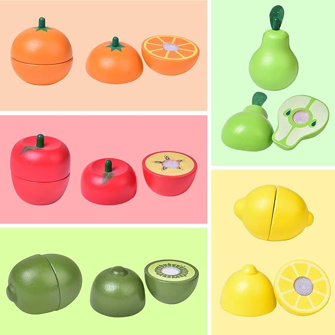 Wooden Cutting Play Food Toys - 11 PCS Wood Pretend Cutting Play Food Educational Set for Toddlers 1-3, Veggie Slicers Playset, Toys Food and Fruits with Storage Case for Christmas Birthday Gifts