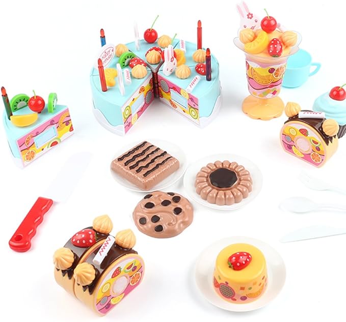 75PCS Birthday Cake Toy DIY Cutting Cake Play Set Kids Play Kitchen Food Pretend Play Cake Toy Best for Girls Birthday Party Gift (75PCS Blue)