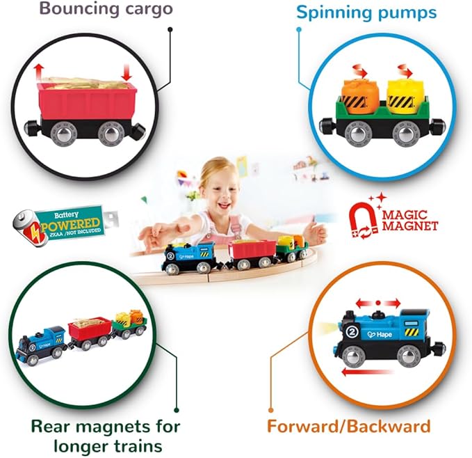 Hape Battery Powered Engine Set | Colorful Wooden Train Set, Battery Operated Locomotive with Working Lamp