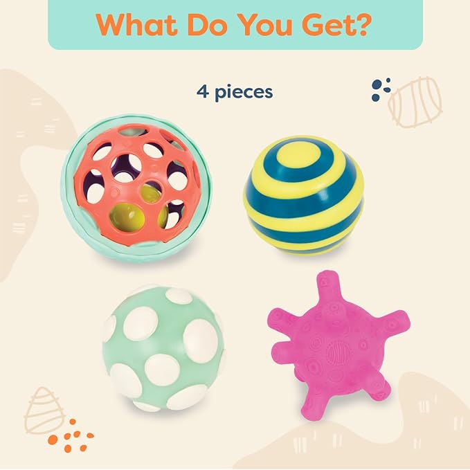 B. toys- B. baby- 4 Sensory Balls – Baby Toys – Developmental Play – Rubber Balls with Textures, Sounds, Lights – Ball-a-baloos- 6 Months +