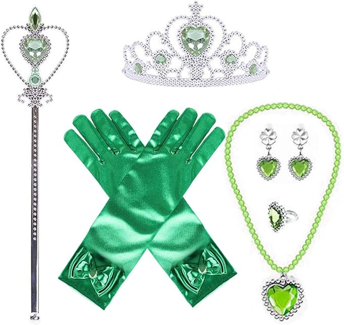 Princess Tiana Costume Dress up Accessories for Girls Tiana Cosplay Accessories Christmas Gifts Set Tiana Gloves Tiara Crown Necklace Wand Earrings Ring Princess Accessories for Girls