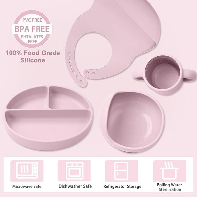 Silicone Baby Feeding Set 14 Pcs,Baby Led Weaning Supplies, Baby Spoons Suction Bowl Divided Plate Bib Cup Finger Brush,First Stage Solid Food Eating Utensils - 6+ Months(Light Pink)