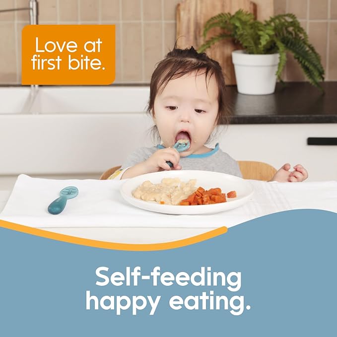 NumNum Baby Spoons Set, Pre-Spoon GOOtensils for Kids Aged 12+ Months - First Stage, Baby Led Weaning (BLW) Spoon - Self Feeding, Silicone Toddler Food Utensils - 1-Pack, 4 Spoons, Blue/Green