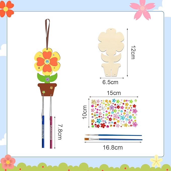 Fennoral 12 Pack Flower Wind Chime Craft for Kids Make You Own Flower Wind Chimes Ornaments DIY Coloring Wooden Art and Craft for Spring Summer Art Activities Birthday Decorations