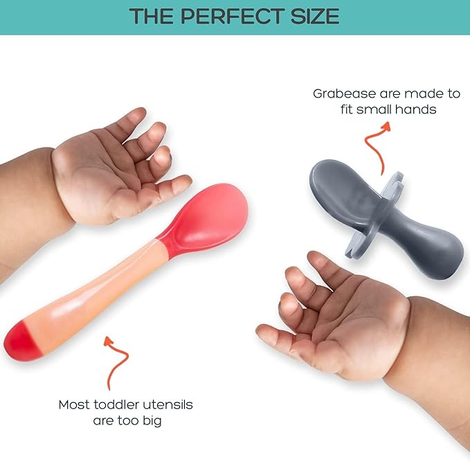 Grabease Toddler Spoon & Fork - First Stage Baby Spoons for Self Feeding from 4+ Months - BPA-Free & Phthalate-Free Baby Utensils & Silverware - 1 Set, Gray - Silverware Set - 1 Year Old Utensils