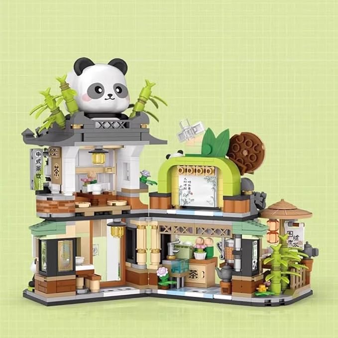 City Tea House Building Blocks Set, Openable Panda Construction Tea Shop Building Toys for Boys Girls Age 8+, 860pcs Mini Bricks (Not Compatible with Lego)