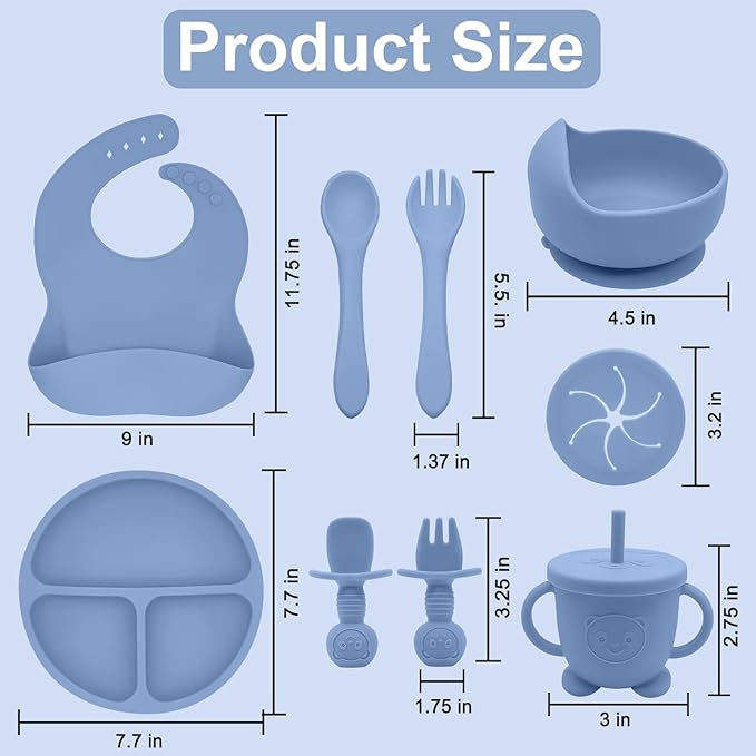 Silicone Baby Feeding Set | Baby Led Weaning Supplies Includes Suction Bowls and Divided Plates, Adjustable Bib, Baby Utensils Spoons and Forks,Cup | Baby Feeding Essentials (Deep Blue)