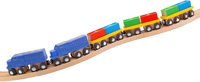 ORBRIUM 11 Pcs Intermodal Freight Trains Set for Wooden wood Railway Includes 2 Diesel Engines, 3 Container Flat Cars, 6 Shipping Containers Compatible with Thomas, Brio, Chuggington, Melissa and Doug