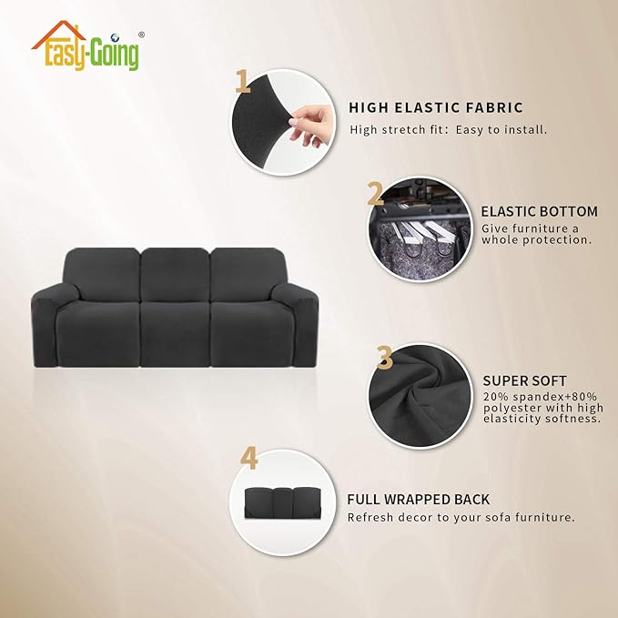 Easy-Going 8 Pieces Microfiber Stretch Sectional Recliner Sofa Slipcover Soft Fitted Fleece 3 Seats Couch Cover Washable Furniture Protector with Elasticity for Kids Pet(Recliner Sofa, Dark Gray)