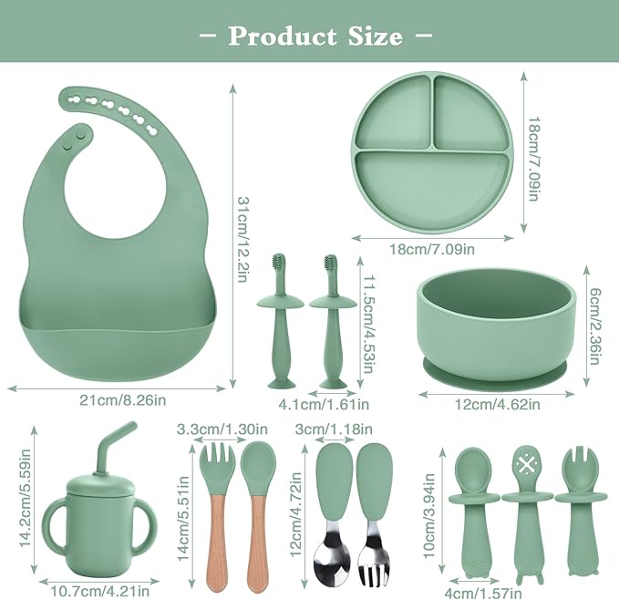 Silicone Baby Feeding Set,13PCS Baby Feeding Essentials with Suction Bowl and Plate,Spoons & Forks,Bib & Cup,Baby Toothbrush,Baby Led Weaning Supplies for 6+ Months,Baby Eating Essentials(Light Green)